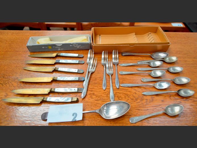 SET OF 6 BRASS FRUIT KNIVES WITH MOTHER-OF-PEARL HANDLES, CAKE FORKS, etc