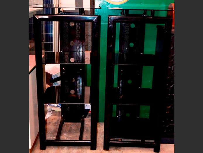 PAIR BLACK METAL DISPLAY STANDS, 56 x 46 x 139cm