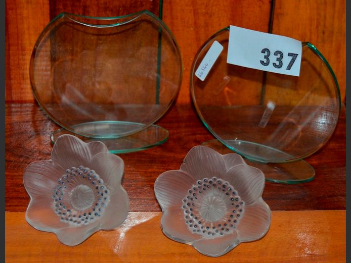 PAIR LALIQUE FLOWERS [Small chip to 1 flower] & PAIR GLASS VASES