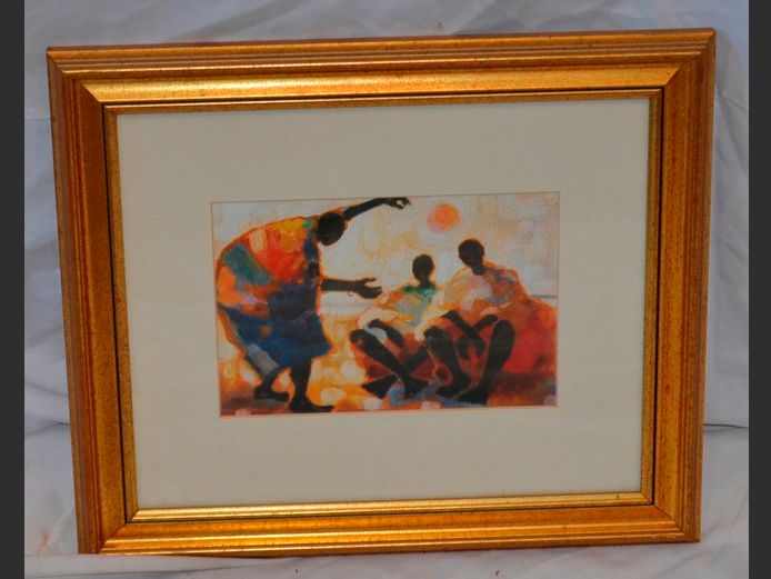 GILT FRAMED PRINT "AFRICAN FIGURES", 19.5 x 13cm