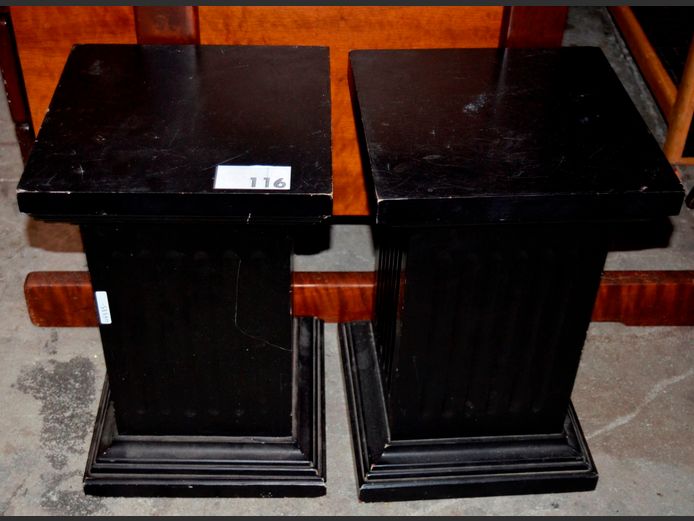 PAIR BLACK PAINTED WOODEN PLINTHS, 30 x 30 x 46cm [Needs re-painting]