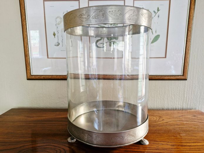 X-Large Silver Etched Metal & Glass Cylinder Lantern