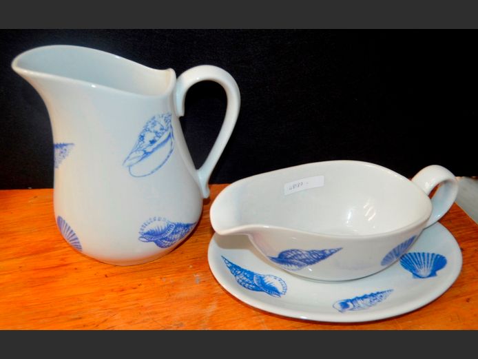 WIESENTHAL BLUE & WHITE SEASHELL DECORATED PITCHER & MATCHING GRAVY BOAT WITH SAUCER