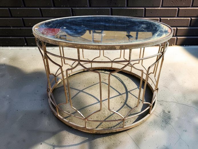 Vintage Patina Beveled Mirror Top Coffee Table - Metal Geometric Base