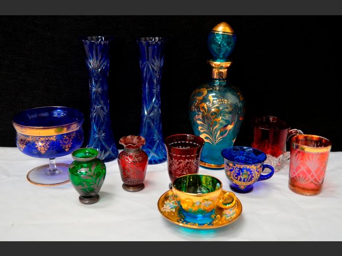 PAIR BLUE GLASS VASES, COLOURED GLASS & GOLD CUPS & SAUCERS, etc