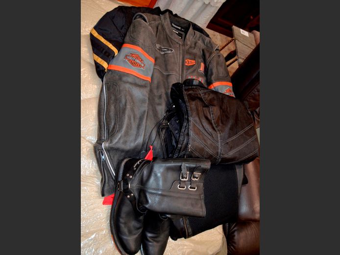HARLEY DAVIDSON LEATHER BOOTS, LEATHER BIKER'S JACKET, etc