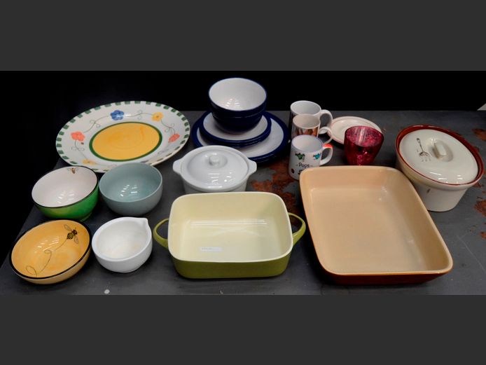 STONEWARE OVEN DISHES, PLATTERS, BOWLS, CUPS, etc