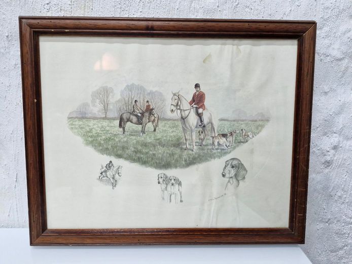 Vintage 1986 Nigel Hemming "Fox & Hound" Framed Hunting Print with Vignettes