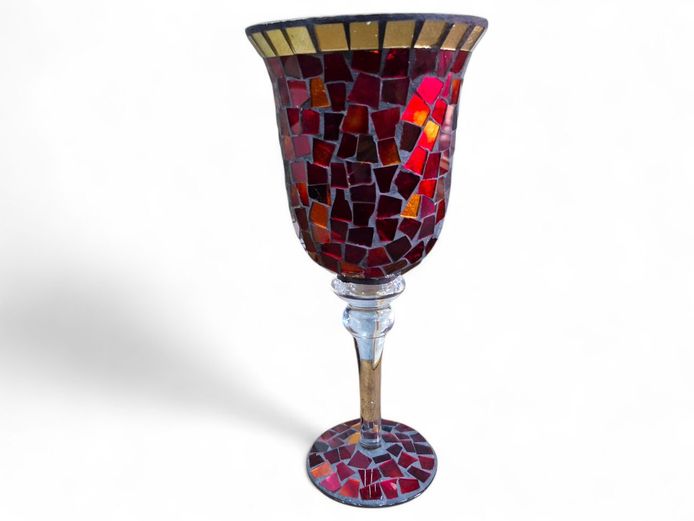 Tall Red Mosaic Glass Candle Holder