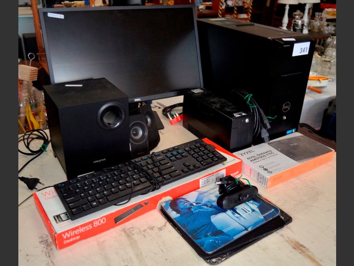 DELL i7 COMPUTER TOWER, DELL 24" MONITOR, CREATIVE SPEAKERS, UPS, etc  [Switch on, untested further]