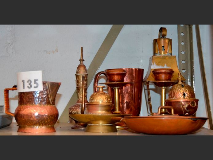 BRASS CANDLESTICKS, COPPER BEER MUG, BRASS BOWL, etc