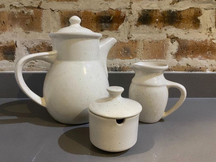 3-Pc Vintage White Speckled Stoneware Coffee  Set