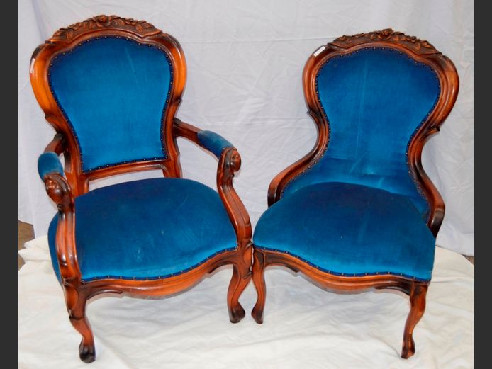 SET MAHOGANY & BLUE UPHOLSTERED GRANDFATHER & GRANDMOTHER ARMCHAIRS