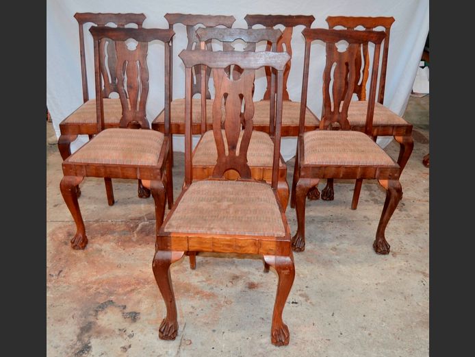 IMBUIA BALL & CLAW DINING TABLE WITH 8 MATCHING CHAIRS, 230 x 96 x 77cm [In need of some restoration]