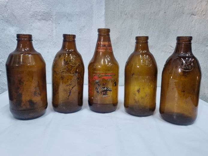 Set of 5 Vintage Amber Glass Beer Bottles