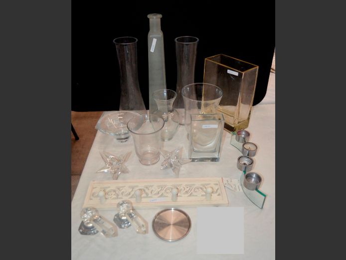 GLASS VASE, WALL MOUNT COAT HOOK, GLASS & PEWTER CANDLE STAND, etc