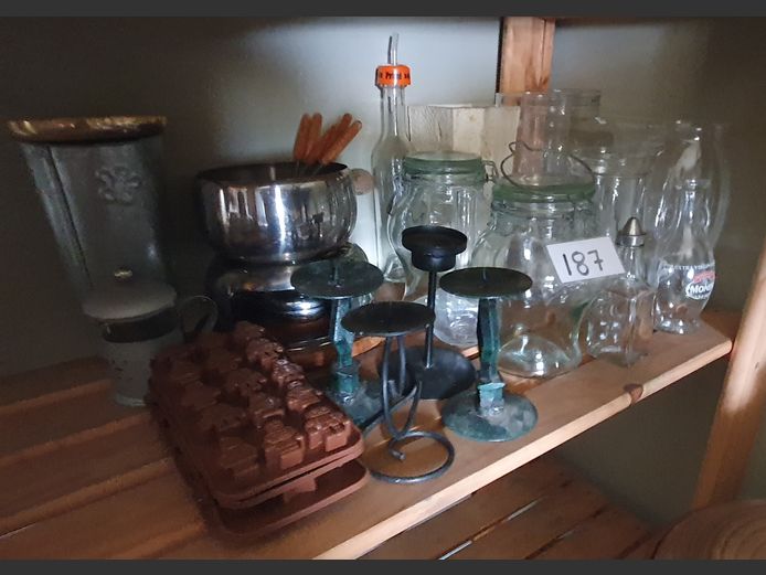 LOT: GLASS JUGS, FONDUE POT, CANDLE STANDS, etc
