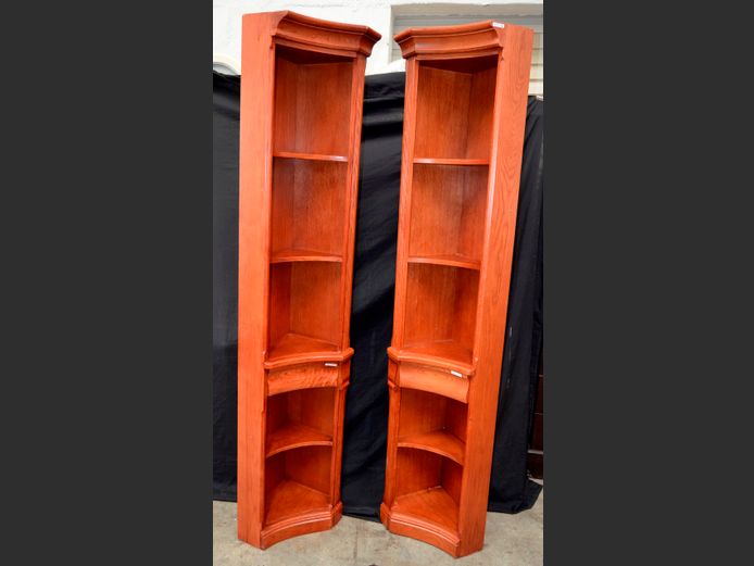 PAIR BAKKER & STEYGER STAINED OAK 5-TIER CORNER DISPLAY SHELVES, 33 x 32 x 200cm