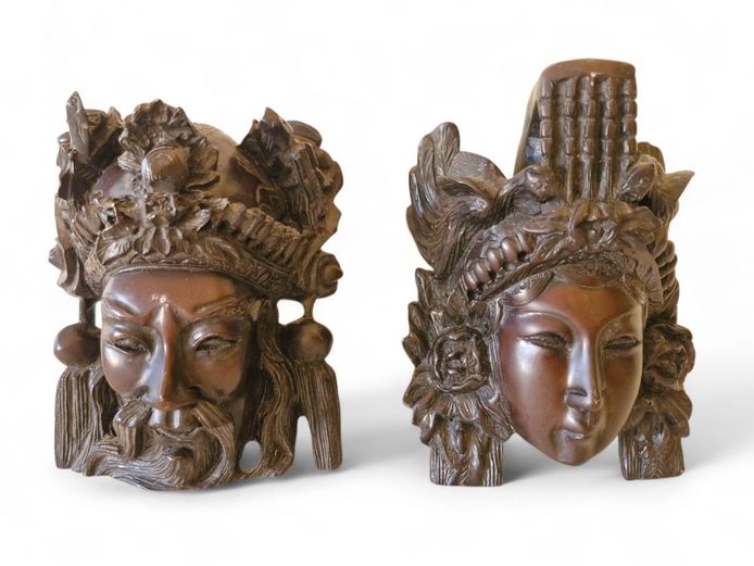 Pair of Wood-Like Resin Chinese Opera Masks