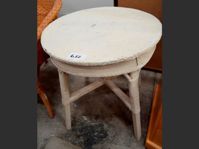 WHITE PAINTED WICKER CIRCULAR LAMP TABLE, 59cm Diameter x 67cm High