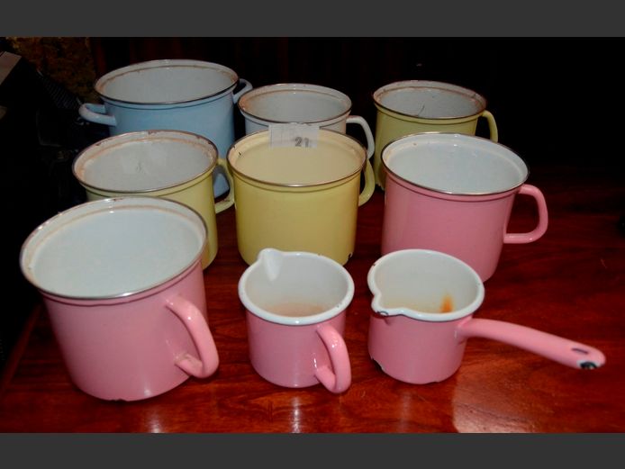 RIESSWERKE ENAMEL POTS, SAUCEPANS & A MILK JUG