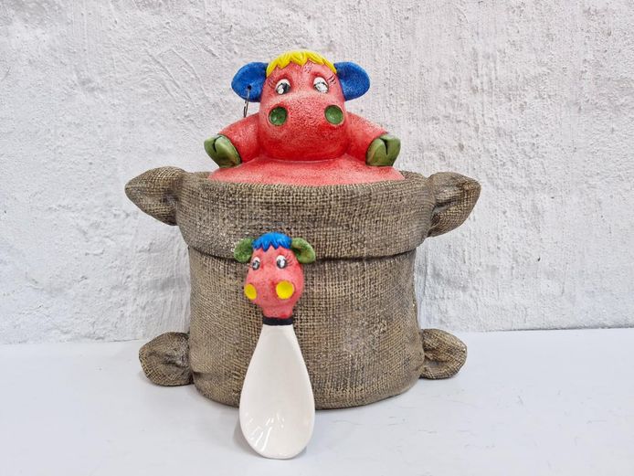 1975 Hand-Painted Ceramic Whimsical Jar with Spoon - Betsy McLoughlin