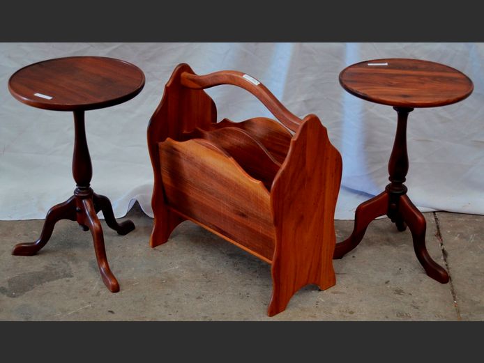 PAIR BLACKWOOD CIRCULAR SIDE TABLES, 30cm Diameter x 45cm High, & A BLACKWOOD MAGAZINE STAND, 43 x 21 x 47cm