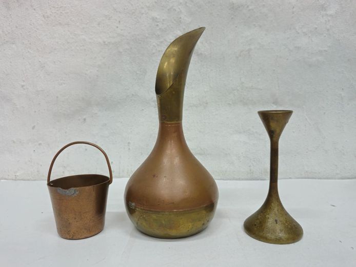 Vintage Brass Candlestick, Copper Pitcher, and Small Copper Bucket