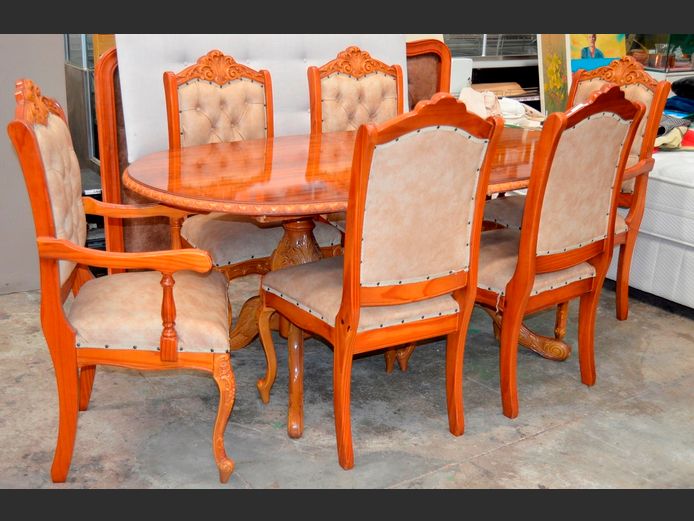 FRENCH STYLE DINING TABLE WITH 4 CHAIRS & 2 CARVERS, 190 x 100 x 80cm
