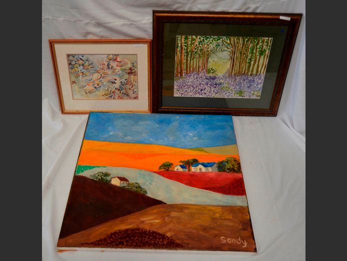 UNFRAMED OIL ON CANVAS "FARM HOUSES", FRAMED WATERCOLOUR & A FRAMED LANDSCAPE