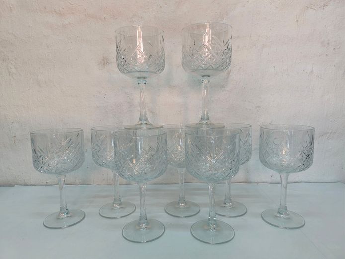 Set of 9 Vintage Cut Heavy Crystal Wine Goblets