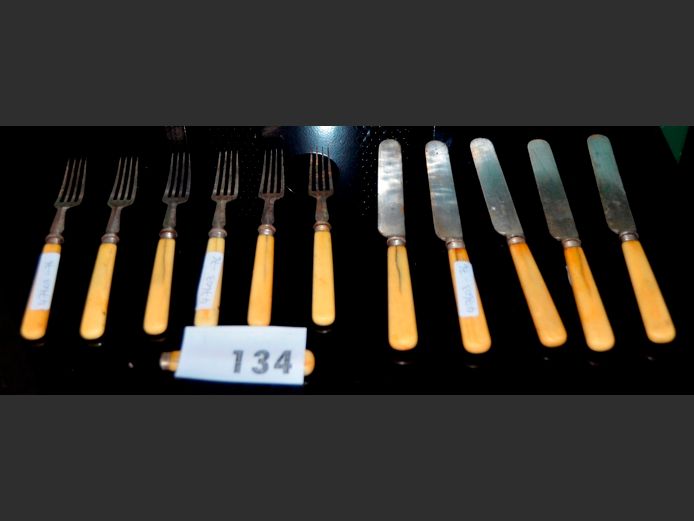 COLLECTION SILVER PLATE & BONE HANDLED FORKS & KNIVES