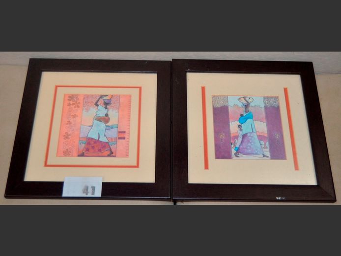 PAIR DARKWOOD FRAMED PRINTS "AFRICAN LADIES", 13.5 x 13.5cm