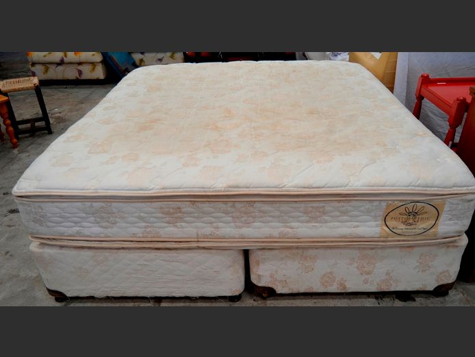 SEALY POSTUREPEDIC KING SIZE BED SET: MATTRESS ON TWIN BASES WITH DARK STAINED HEADBOARD [Needs a clean, mattress sunken]