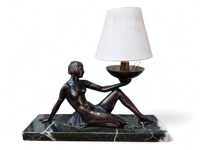 Art Deco Bronze Tone Nude Woman Lamp on Marble Base