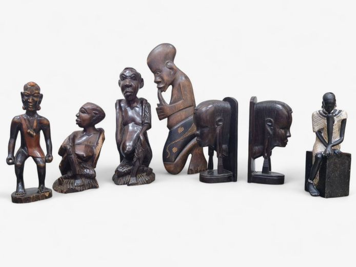 Collection of Hand-Carved Wooden African Figurines & Bookends
