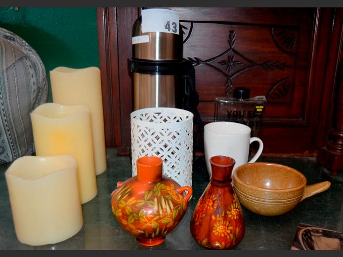 STAINLESS STEEL FLASK, CANDLES, CANDLE HOLDER, etc