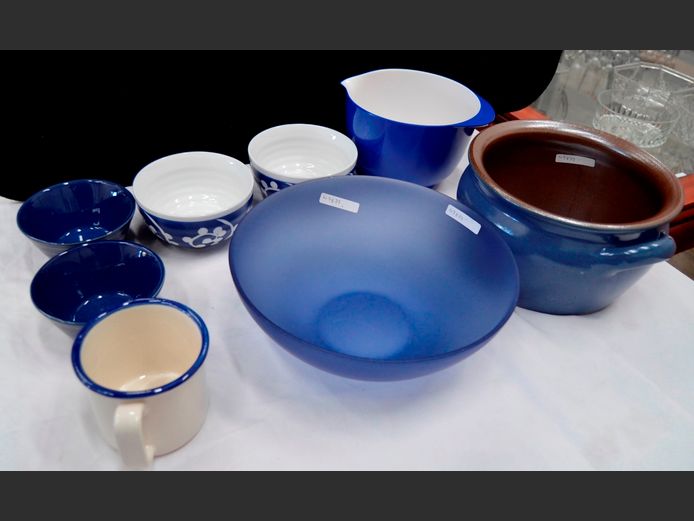 BLUE GLASS BOWL, BLUE STONEWARE BOWLS, etc