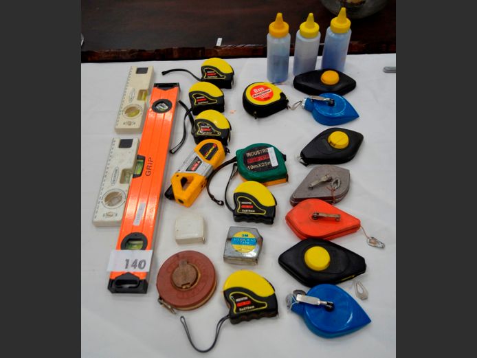 LARGE LOT: TAPE MEASURES, CHALK LINES, LEVELS, etc