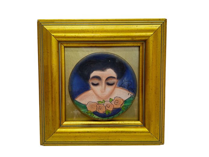 Framed Art Deco Style Hand-Painted Portrait Miniature of a Woman with Roses