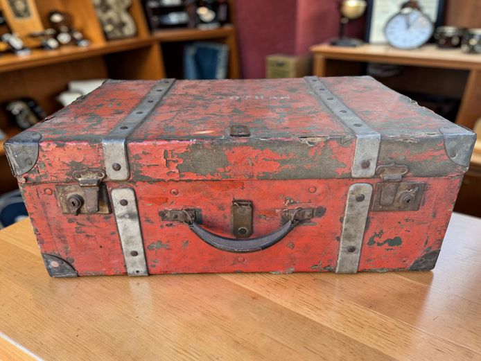 Early 20th Century Distressed Red  Travel Suitcase
