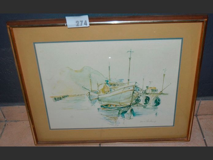 FRAMED PRINT "BOAT & HARBOUR", 50 x 37cm