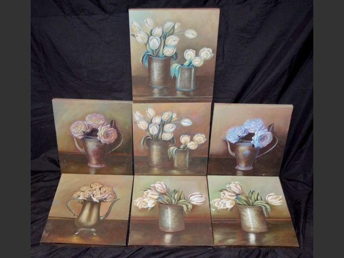 SET OF 8 UNFRAMED OILS ON CANVAS "FLOWERS IN VASES", 38 x 33cm