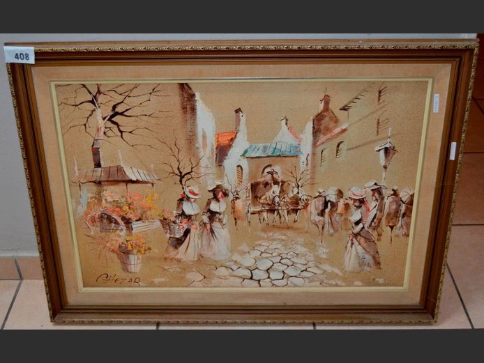 CHEZAR FRAMED OIL ON BOARD "STREET SCENE"