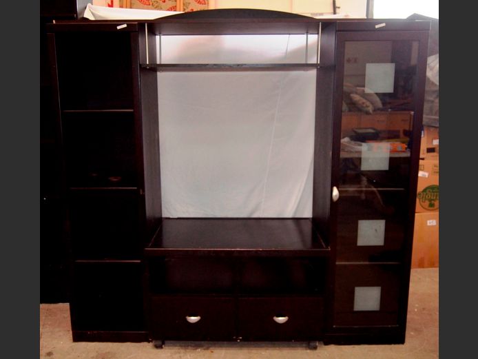 BLACK SINGLE DOOR GLASS FRONT, 2-DRAWER ENTERTAINMENT UNIT, 184 x 57 x 185cm