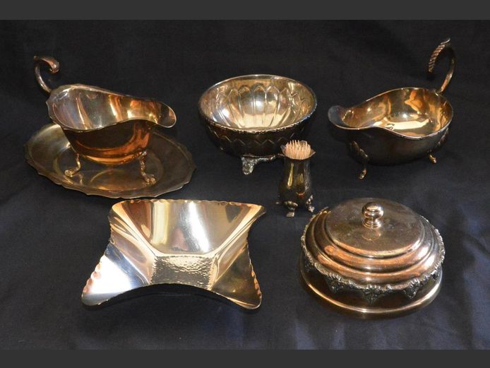 SILVER PLATE: GRAVY BOATS, BOWL, etc