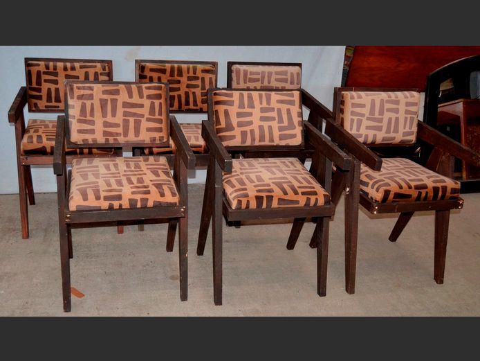 SET OF 6 STAINED PINE & UPHOLSTERED ARMCHAIRS [Seat to 1 chair needed]