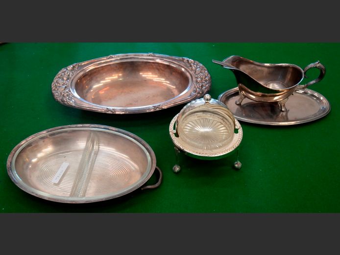 SILVER PLATE: VEGETABLE DISH WITH GLASS INSERT, GRAVY BOAT, BUTTER DISH WITH GLASS INSERT, etc