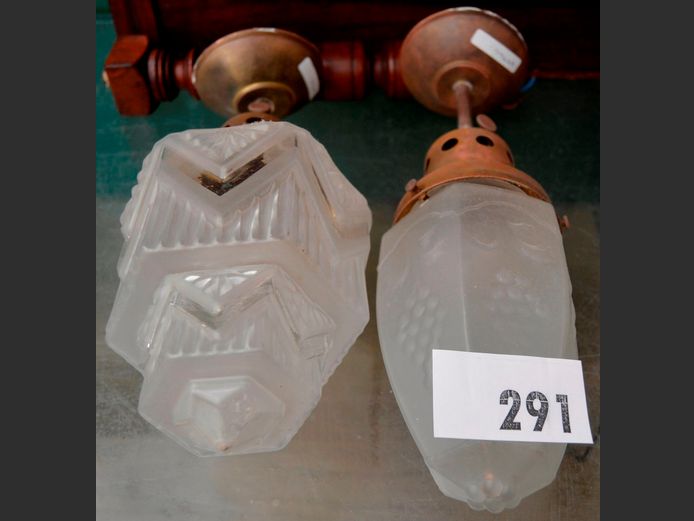 LOT OF 2: VINTAGE BRASS & FROSTED GLASS CEILING LIGHTS, 38cm & 35cm Long respectively