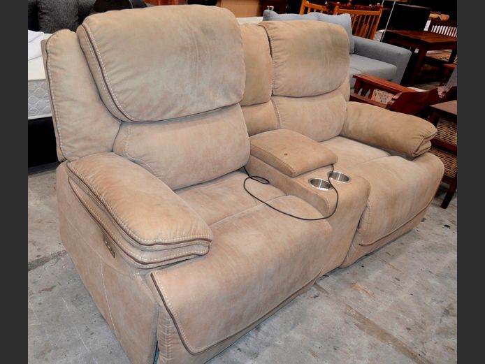 BEIGE UPHOLSTERED 2-SEATER CINEMA COUCH, [Back rest Damaged, needs a clean] [#: 421507272]